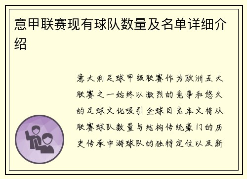 意甲联赛现有球队数量及名单详细介绍