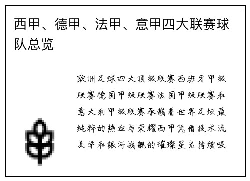西甲、德甲、法甲、意甲四大联赛球队总览