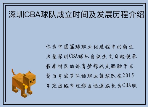 深圳CBA球队成立时间及发展历程介绍
